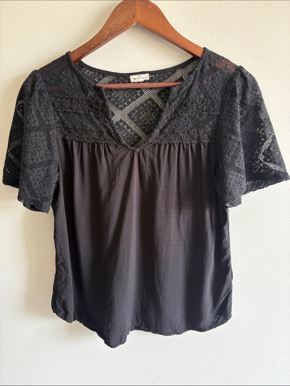 Mason & Belle Black Lace Yoke Boho Peasant Blouse Size Small